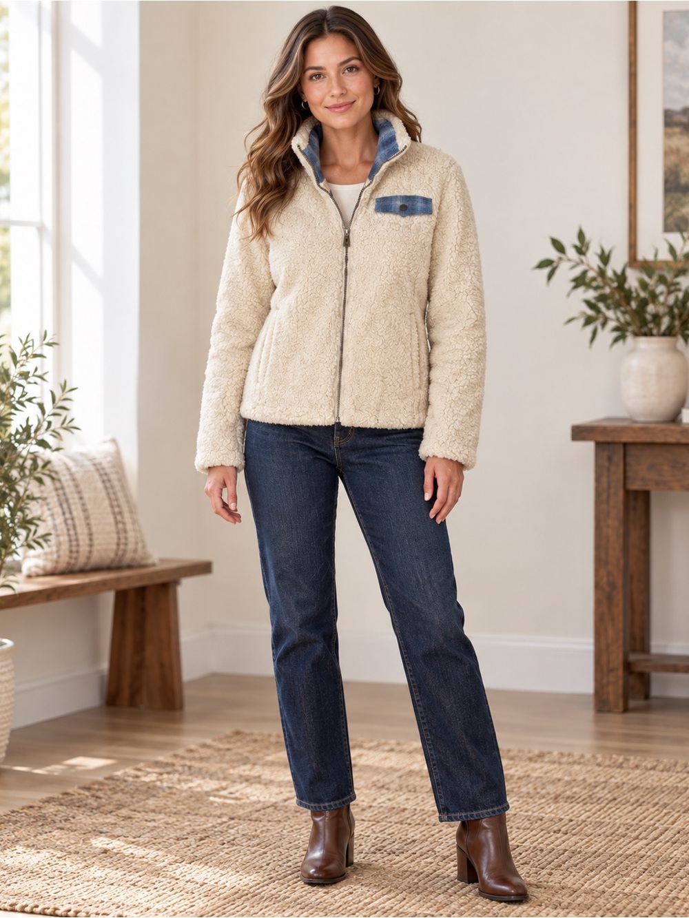 Pendleton Sherpa Fleece Jacket Plaid Trim Cream Women’s Medium